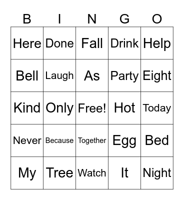 Sight Words Bingo Card