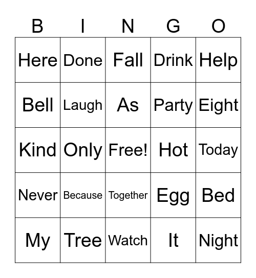 Sight Words Bingo Card