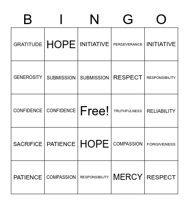 LifeWise Character Quality Bingo Card