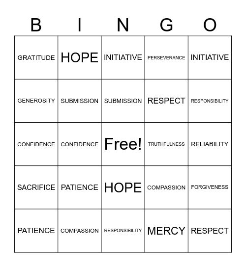 LifeWise Character Quality Bingo Card