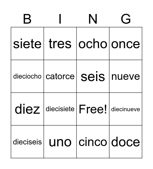 Numeros Bingo Card