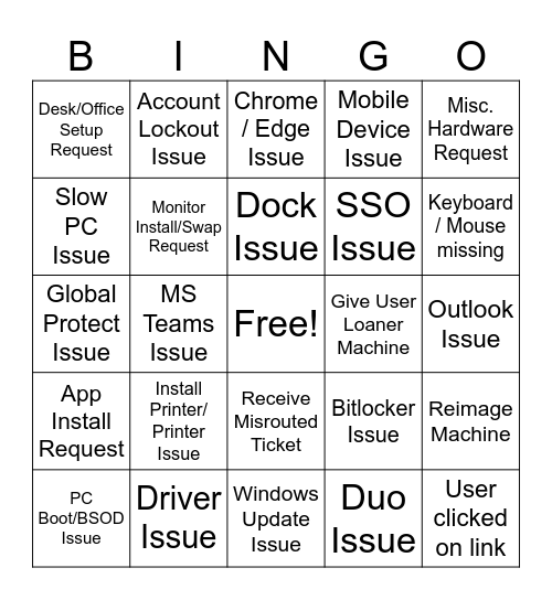 IT Support Bingo Card