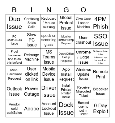 IT Support Bingo Card