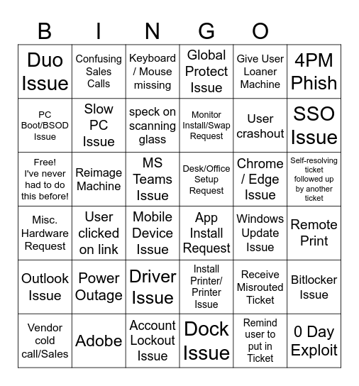 IT Support Bingo Card