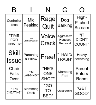 kids rage Bingo Card