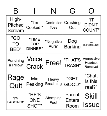 kids rage Bingo Card