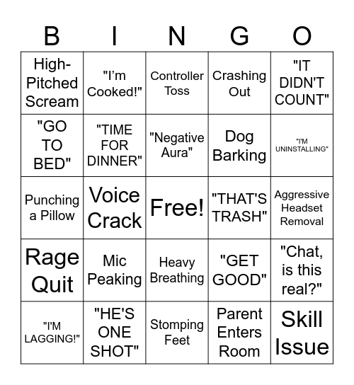 kids rage Bingo Card