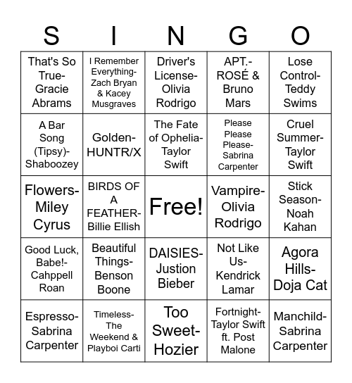 Today's Hits Bingo Card