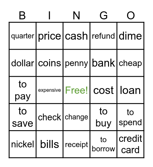 Money Vocab Bingo Card