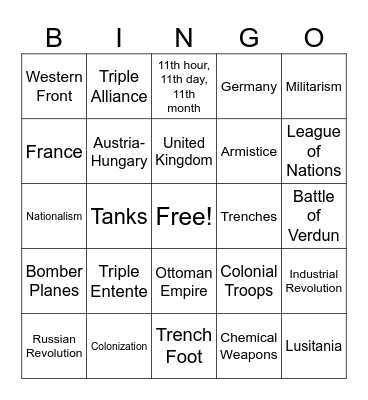 WWI Review Bingo Card