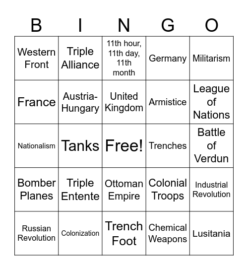 WWI Review Bingo Card