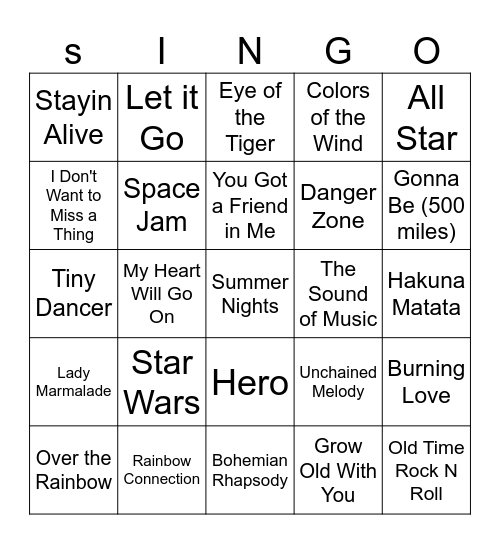 Movie Songs Bingo Card