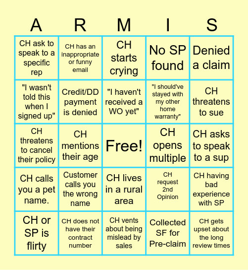 ARMIS Bingo Card
