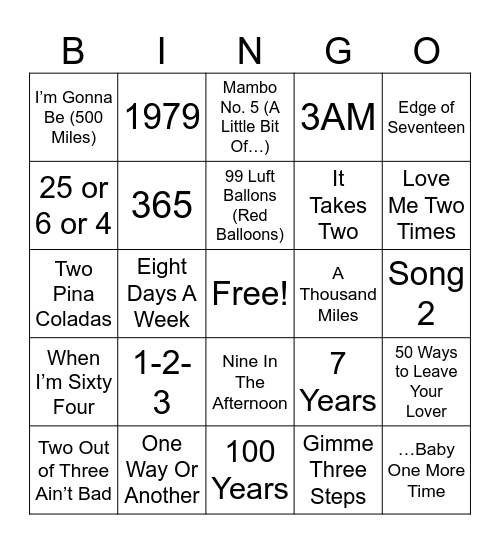 Songs With Numbers In The Title Bingo Card