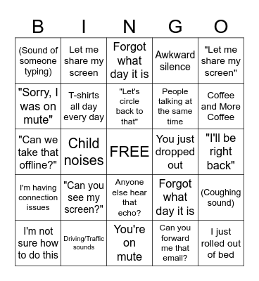 Work From Home Bingo Card