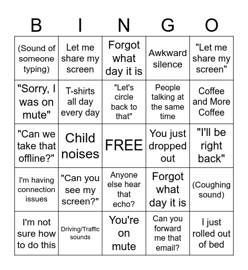 Work From Home Bingo Card