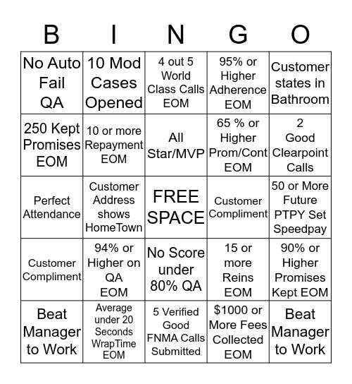 Team London Monthly Bingo Card