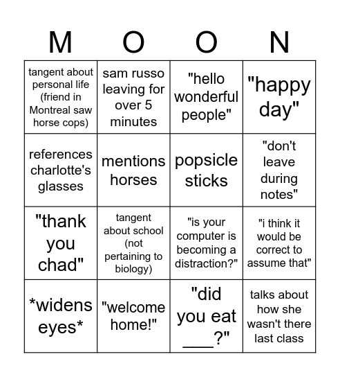 Bio-ingo Bingo Card