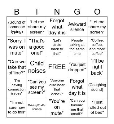 Work From Home Bingo Card