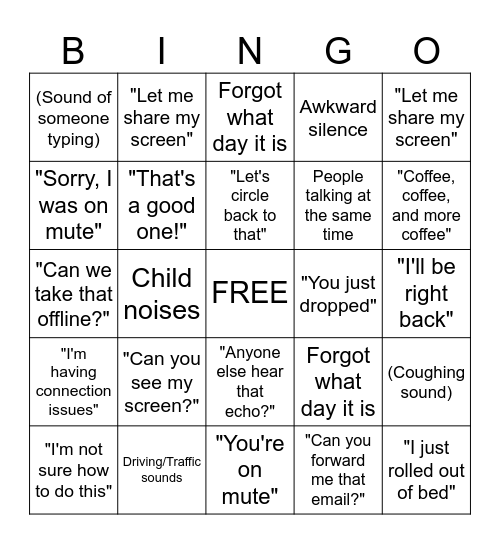 Work From Home Bingo Card