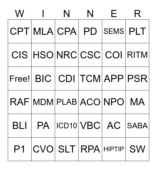 BJC Acronym Alignment Bingo Card