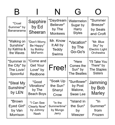 Summer Song Bingo CCF Bingo Card