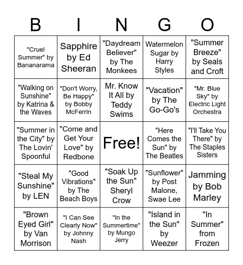 Summer Song Bingo CCF Bingo Card