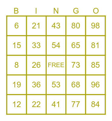 Bingo at Mount Royal Bingo Card