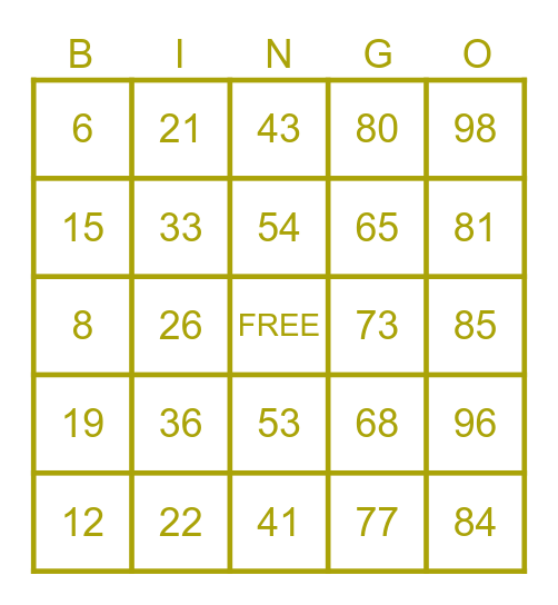 Bingo at Mount Royal Bingo Card