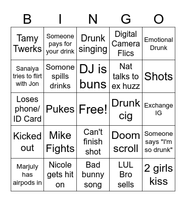 Stevens Bar Crawl Bingo Card