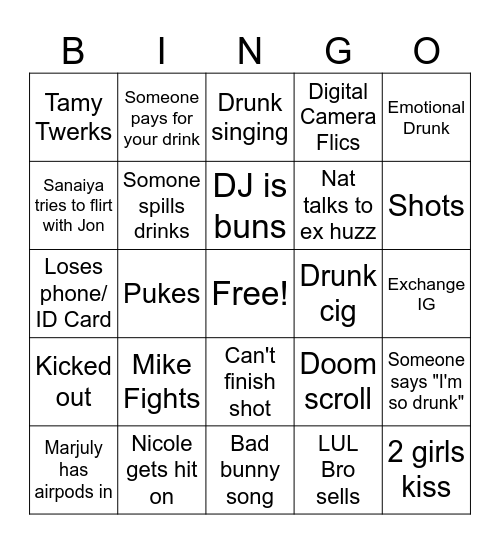 Stevens Bar Crawl Bingo Card