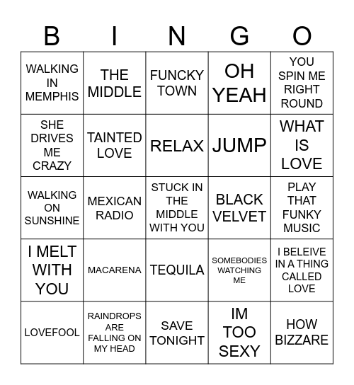 ONE HIT WONDERS Bingo Card