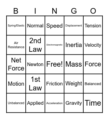 Force and Motion Bingo Card