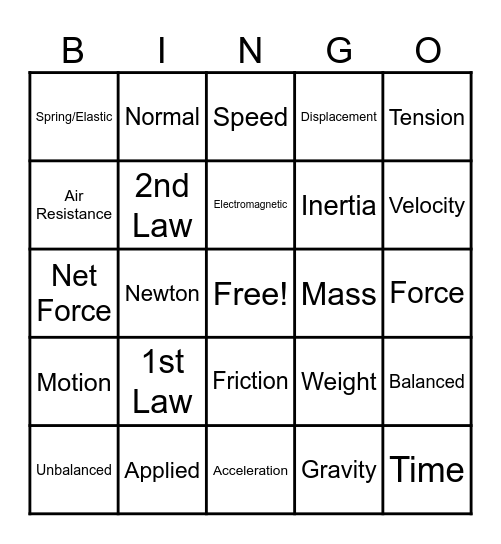 Force and Motion Bingo Card