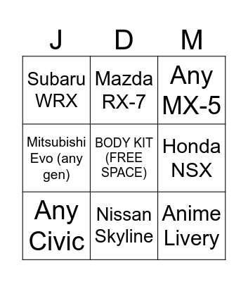 JDM BINGO 1 Bingo Card