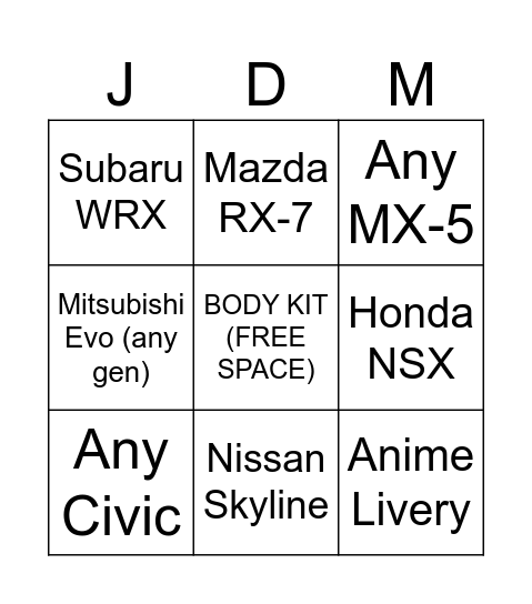 JDM BINGO 1 Bingo Card