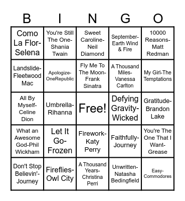 Tiffany's Karaoke Bingo Card