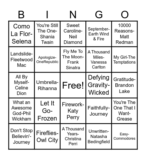 Tiffany's Karaoke Bingo Card