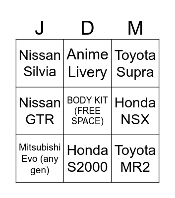 JDM BINGO SHEET Bingo Card