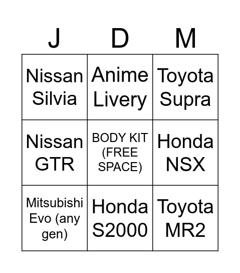 JDM BINGO SHEET Bingo Card