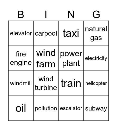 OD3. Unit 10. Transportation Bingo Card
