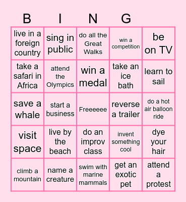 Bucket List Bingo Card