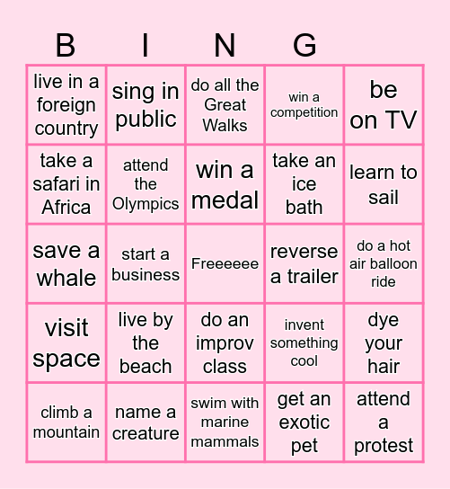 Bucket List Bingo Card
