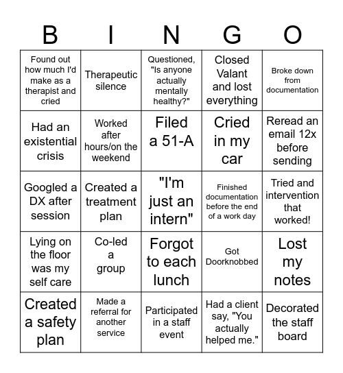 NEHS INTERN Survival Bingo Card