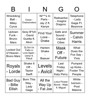 Juke Box Bingo 2010's Vol. 2 Bingo Card