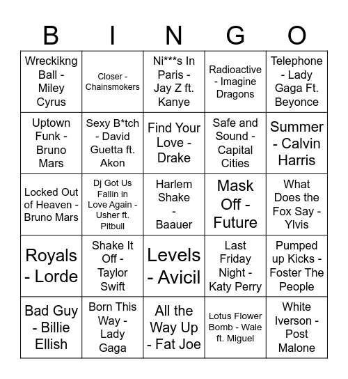 Juke Box Bingo 2010's Vol. 2 Bingo Card