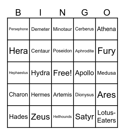 Percy Jackson & the Lightning Thief Bingo Card