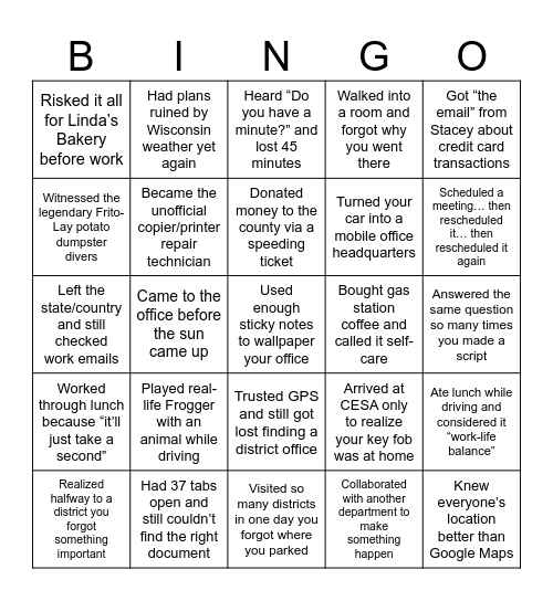 CESA Work Adventures Bingo Card