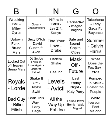 Juke Box Bingo 2010's Vol. 2 Bingo Card