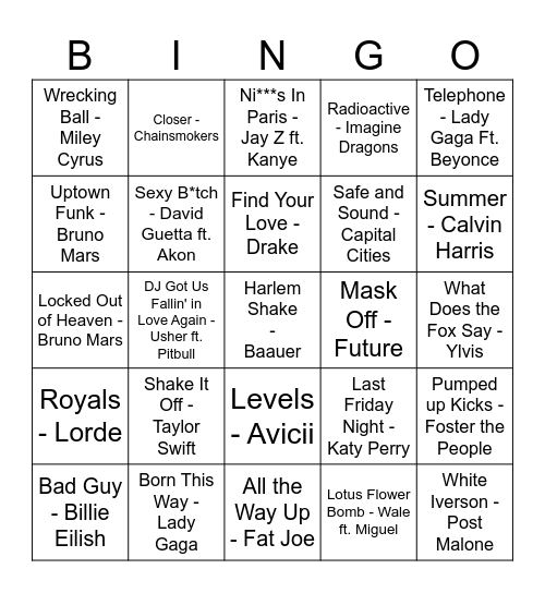 Juke Box Bingo 2010's Vol. 2 Bingo Card